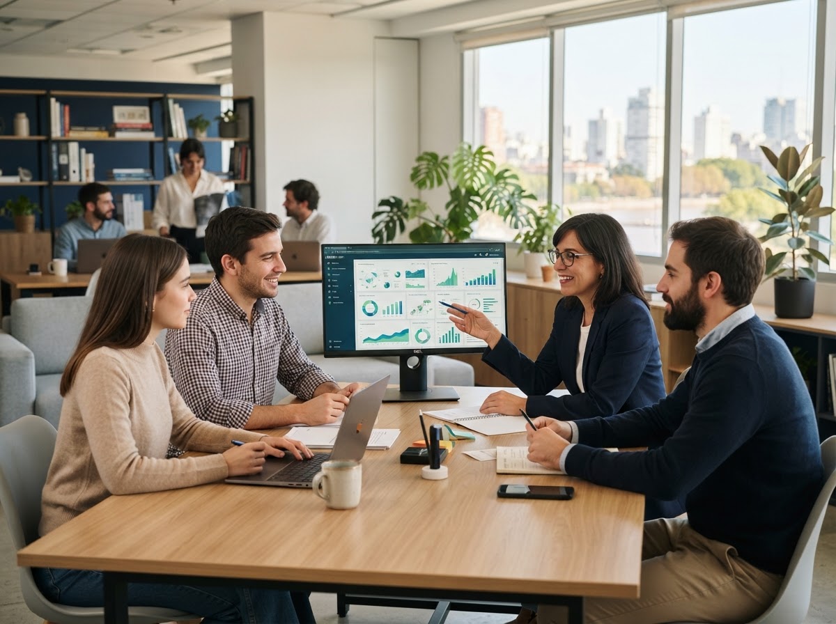 BTC Solgreen AI - equipo analizando datos de mercado en un entorno de trabajo profesional